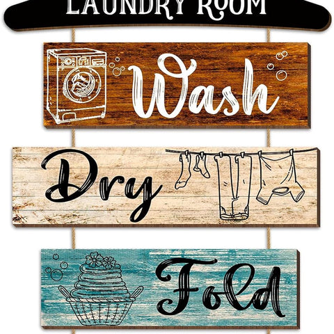 5 Pieces Laundry Room Decor Rustic Vintage Farmhouse Room Rules Hanging Sign Wooden Wash Dry Fold Repeat Laundry Accessories for Bathroom,Home 19.7 X 11 Inch(Multicolored Backing)